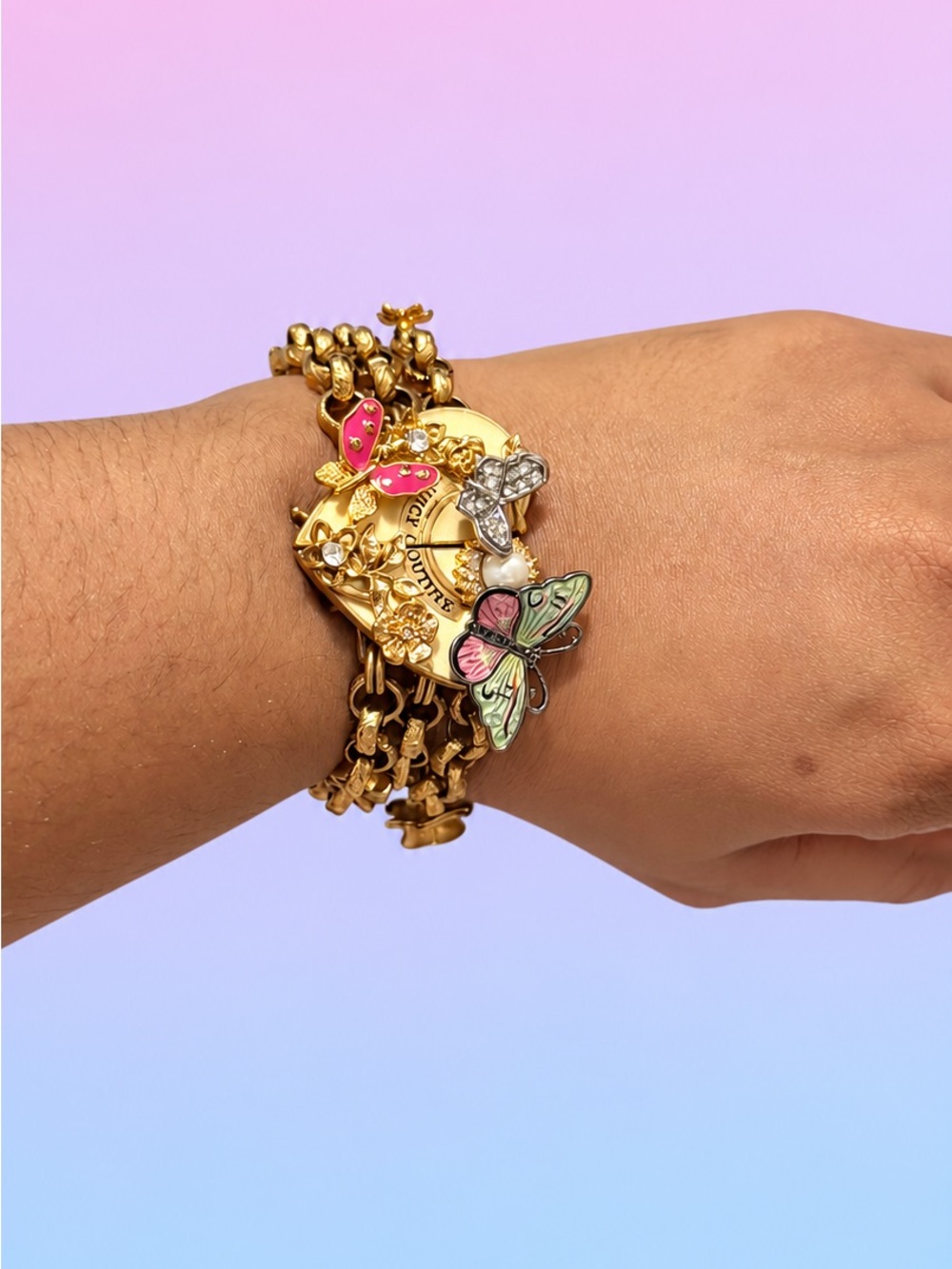Juicy Couture Gold Charm Bracelet with Pink & Green Butterflies
